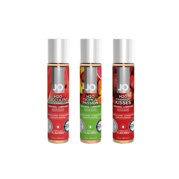 Three flavored lubricants: watermelon, strawberry, and tropical